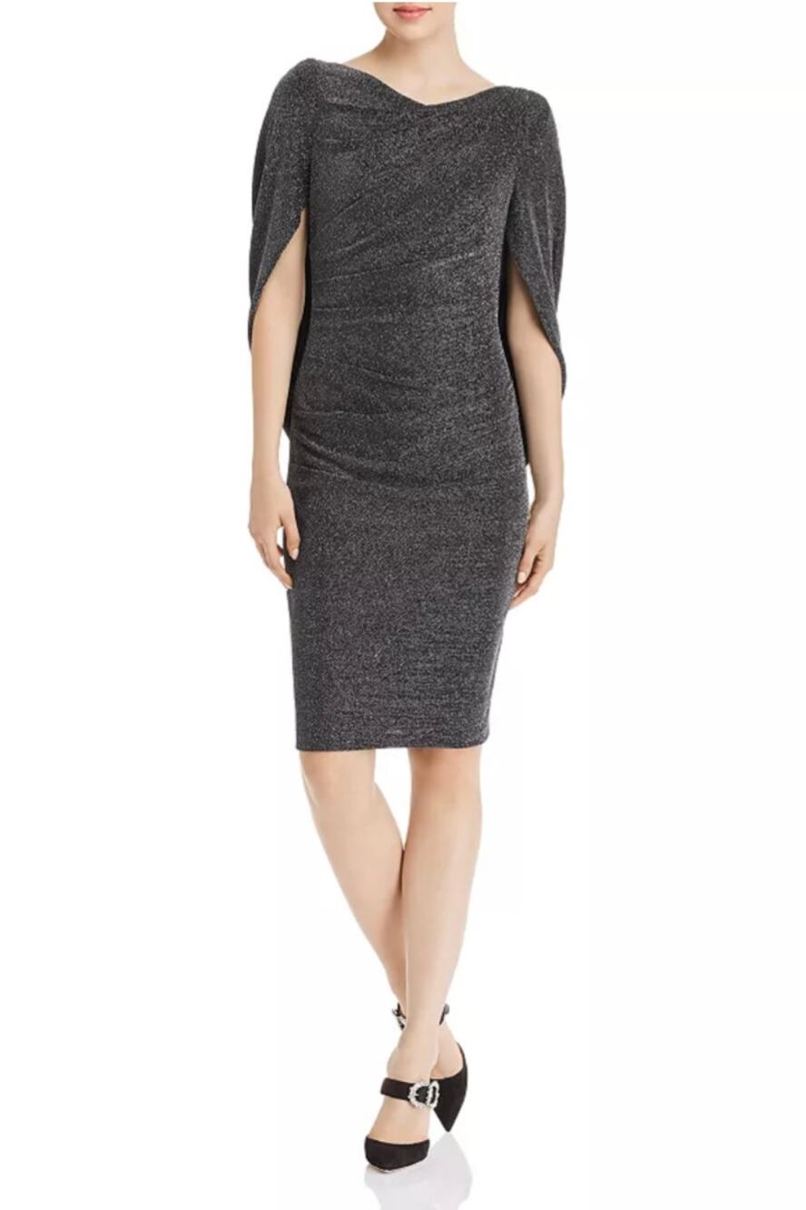 Avery G Black and Silver Cocktail Dress Metallic Draped Back Midi Sheath Size 8
